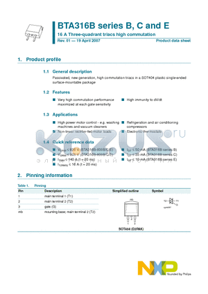 BTA316B-600B datasheet - 16 A Three-quadrant triacs high commutation