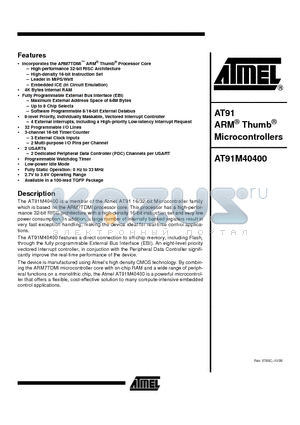 AT91M40400_99 datasheet - AT91 ARM Thumb Microcontrollers
