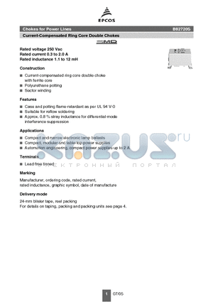 B82720S2202N040 datasheet - Chokes for Power Lines Current-Compensated Ring Core Double Chokes