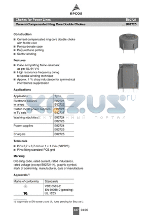 B82721-A2152-N1 datasheet - Chokes for Power Lines Current-Compensated Ring Core Double Chokes