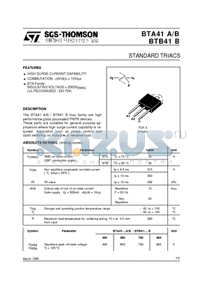 BTA41-700B datasheet - STANDARD TRIACS