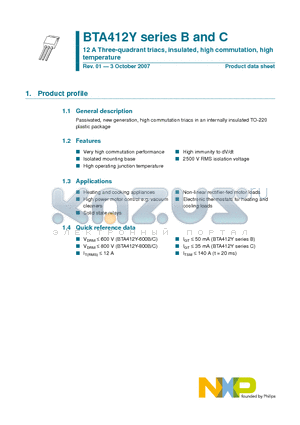 BTA412Y-600B datasheet - 12 A Three-quadrant triacs, insulated, high commutation, high temperature