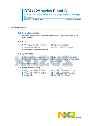 BTA412Y-800B datasheet - 12 A three-quadrant triacs, insulated, high commutation, high temperature