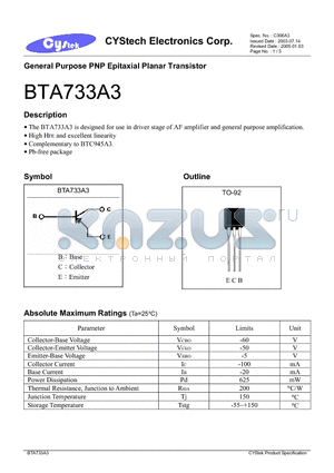 BTA733A3 datasheet - General Purpose PNP Epitaxial Planar Transistor