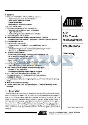 AT91M42800A datasheet - AT91 ARM Thumb Microcontrollers