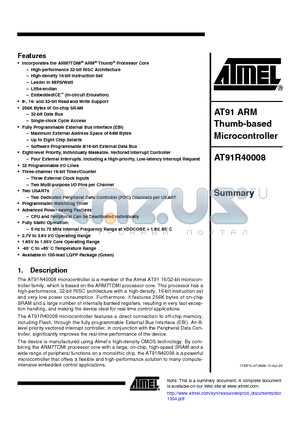 AT91R40008-66AU datasheet - AT91 ARM Thumb-based Microcontroller