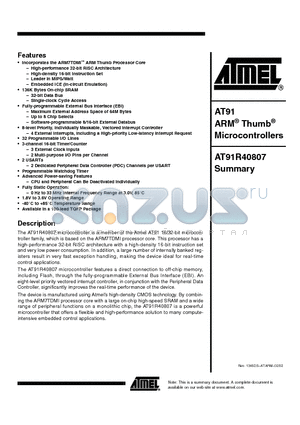 AT91R40807-33AU datasheet - ARM^ Thumb^ Microcontrollers