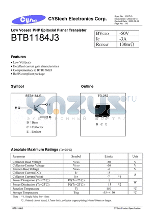 BTB1184J3 datasheet - Low Vcesat PNP Epitaxial Planar Transistor