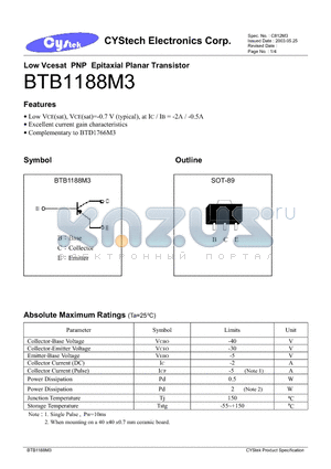 BTB1188M3 datasheet - Low Vcesat PNP Epitaxial Planar Transistor