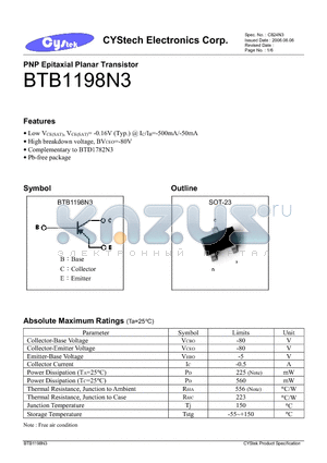 BTB1198N3 datasheet - PNP Epitaxial Planar Transistor