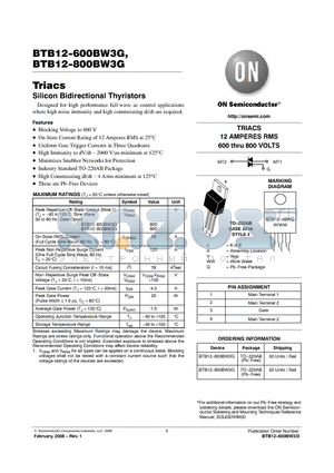 BTB12-600BW3G datasheet - Triacs Silicon Bidirectional Thyristors