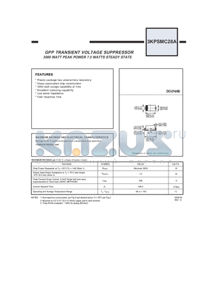 3KPSMC28A datasheet - GPP TRANSIENT VOLTAGE SUPPRESSOR 3000 WATT PEAK POWER 7.5 WATTS STEADY STATE