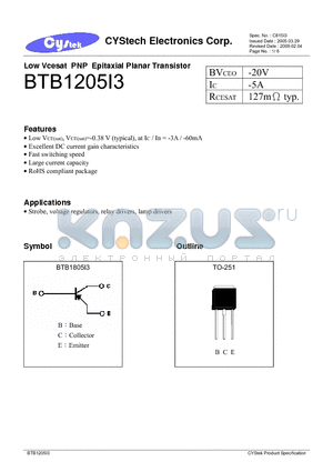 BTB1205I3 datasheet - Low Vcesat PNP Epitaxial Planar Transistor