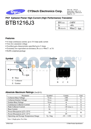 BTB1216J3 datasheet - PNP Epitaxial Planar High Current (High Performance) Transistor