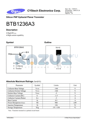 BTB1236A3 datasheet - Silicon PNP Epitaxial Planar Transistor