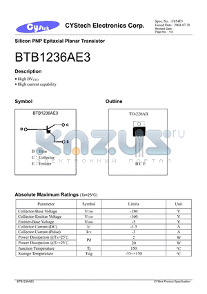 BTB1236AE3 datasheet - Silicon PNP Epitaxial Planar Transistor