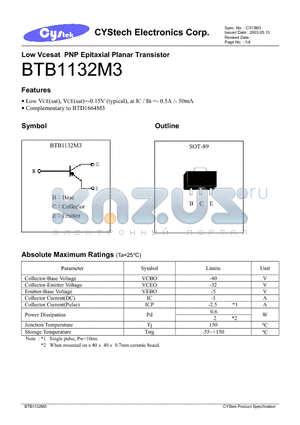 BTB1132M3 datasheet - Low Vcesat PNP Epitaxial Planar Transistor
