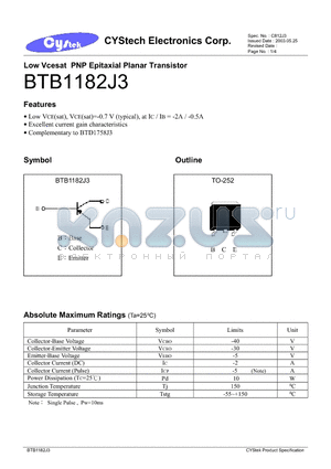 BTB1182J3 datasheet - Low Vcesat PNP Epitaxial Planar Transistor