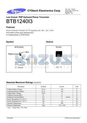 BTB1240I3 datasheet - Low Vcesat PNP Epitaxial Planar Transistor