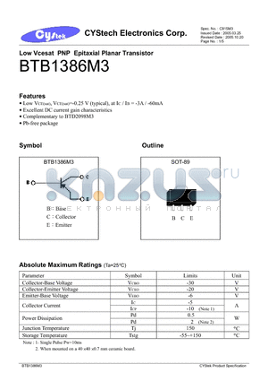 BTB1386M3 datasheet - Low Vcesat PNP Epitaxial Planar Transistor