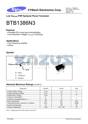 BTB1386N3 datasheet - Low VCE(sat) PNP Epitaxial Planar Transistor