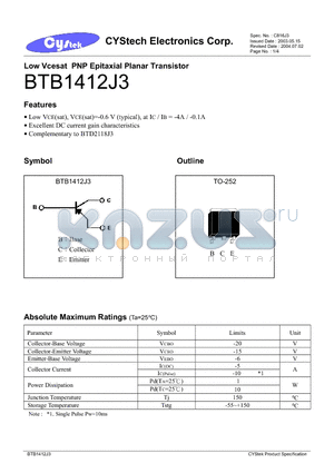 BTB1412J3 datasheet - Low Vcesat PNP Epitaxial Planar Transistor