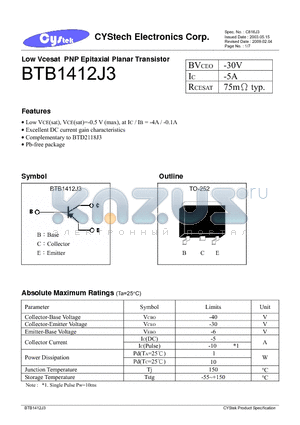 BTB1412J3 datasheet - Low Vcesat PNP Epitaxial Planar Transistor