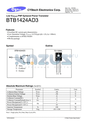 BTB1424AD3 datasheet - Low VCE(sat) PNP Epitaxial Planar Transistor