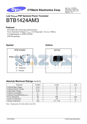 BTB1424AM3 datasheet - Low VCE(sat) PNP Epitaxial Planar Transistor