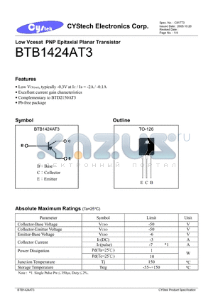 BTB1424AT3 datasheet - Low Vcesat PNP Epitaxial Planar Transistor