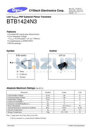 BTB1424N3 datasheet - Low VCE(sat) PNP Epitaxial Planar Transistor