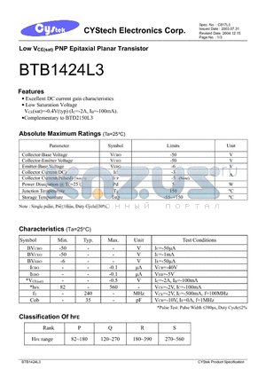 BTB1424L3 datasheet - Low VCE(sat) PNP Epitaxial Planar Transistor