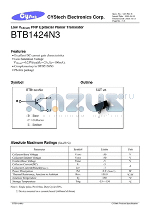 BTB1424N3_06 datasheet - Low VCE(sat) PNP Epitaxial Planar Transistor