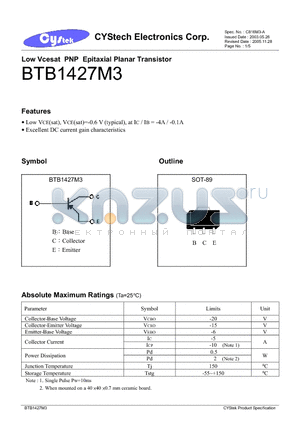 BTB1427M3 datasheet - Low Vcesat PNP Epitaxial Planar Transistor