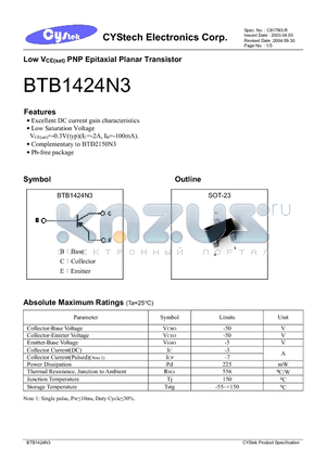 BTB1424N3 datasheet - Low VCE(sat) PNP Epitaxial Planar Transistor