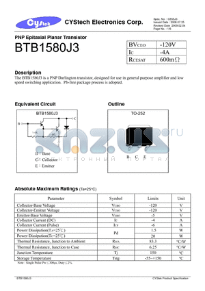BTB1580J3 datasheet - PNP Epitaxial Planar Transistor