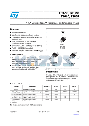 BTB16 datasheet - 16 A Snubberless, logic level and standard Triacs