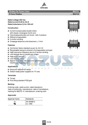 B82731-M2501-A30 datasheet - Chokes for Power Lines D Core Chokes