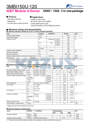 3MBI150U-120 datasheet - IGBT Module U-Series 1200V / 150A 3 in one-package