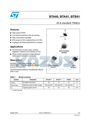 BTB40-600B datasheet - 40 A standard TRIACs