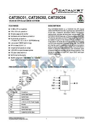 CAT25C02LI-1.8TE13 datasheet - 1K/2K/4K SPI Serial CMOS EEPROM