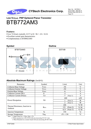 BTB772AM3 datasheet - Low VCE(sat) PNP Epitaxial Planar Transistor