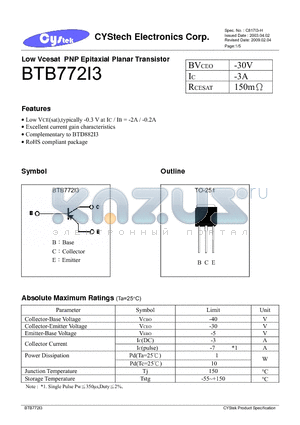 BTB772I3 datasheet - Low Vcesat PNP Epitaxial Planar Transistor