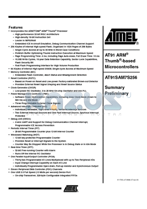 AT91SAM7S256 datasheet - AT91 ARM Thumb-based Microcontrollers
