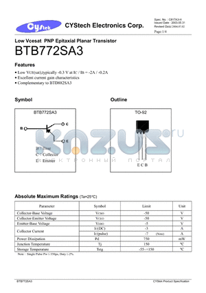 BTB772SA3 datasheet - Low Vcesat PNP Epitaxial Planar Transistor