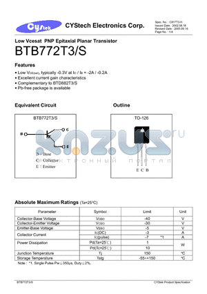 BTB772T3S datasheet - Low Vcesat PNP Epitaxial Planar Transistor