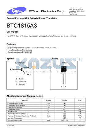 BTC1815A3 datasheet - General Purpose NPN Epitaxial Planar Transistor