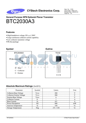 BTC2030A3 datasheet - General Purpose NPN Epitaxial Planar Transistor