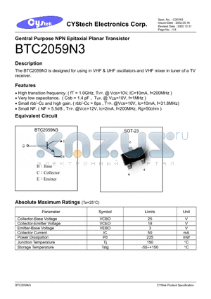 BTC2059N3 datasheet - Gentral Purpose NPN Epitaxial Planar Transistor