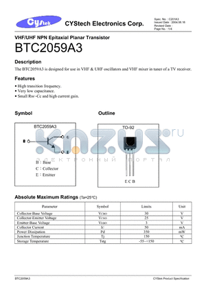 BTC2059A3 datasheet - VHF/UHF NPN Epitaxial Planar Transistor